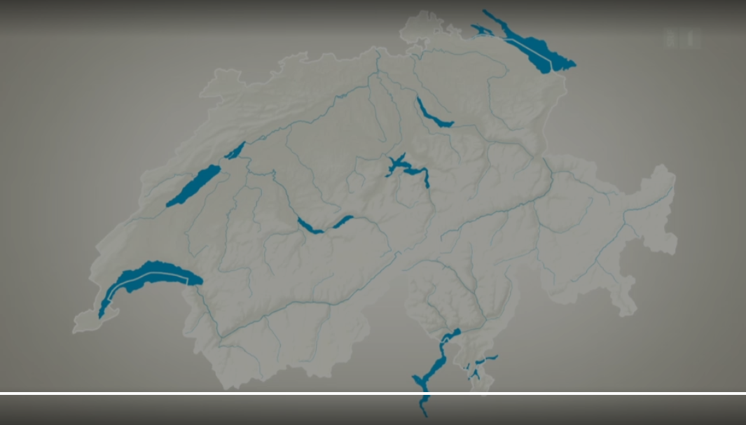 Une carte de la Suisse avec les rivières et les lacs.