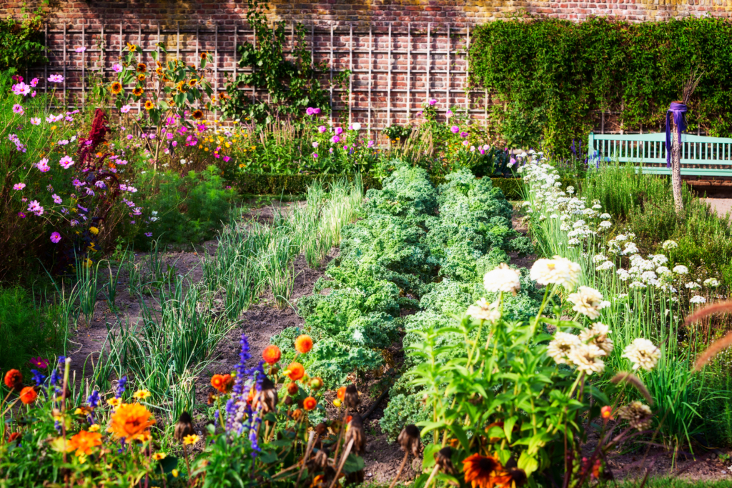 Un jardin coloré avec un banc et des fleurs.