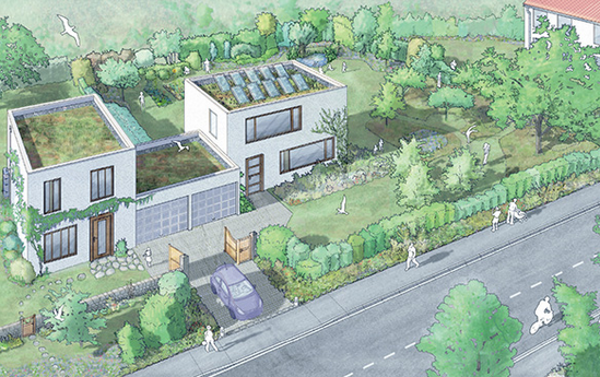 Représentation artistique d'une maison avec un toit vert.